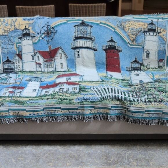 Cape Cod and Islands Lighthouses Tapestry Throw Blanket Donna Elias Vintage - Picture 12 of 13